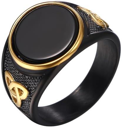 OIDEA Svart onyx ring för män: rund svart agat ädelsten bandring i rostfritt stål vikingastil keltisk knut signetring smycken present till män storlek 57–69, agat, Agat