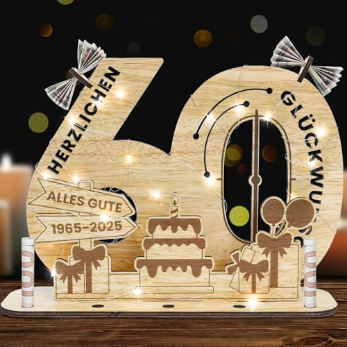 Belillpipi 2025 Originelle 60 Geburtstag Deko Geburtstag Holz mit LED, Frauen & Männer Geldgeschenke Geburtstag Pixel Retro Holz-Schild Gästebuch für Geschenke, Partys, Geburtstage, Jubiläum
