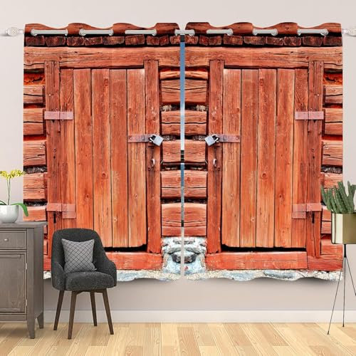 ZHENCHAO Ensemble de Rideaux de Porte et fenêtre de Grange en Planches de Bois Vieilli Vintage 66 x 90 Pouces 2 Panneaux Design en Bois Rouge Marron avec Cadenas Rideaux occultants rétro de