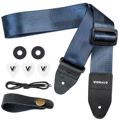 VOHALO Gitarrengurt für Akustik- & E-Gitarren | Extra gepolsterte Schulterauflage Vintage Blumenmuster 100-150cm verstellbar inkl. Plektren & Zubehör (Blau)