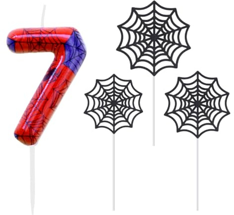 Geburtstagskerzen Zahlen 7, Birthday Candles Set, Kerze 7 Geburtstag Junge, Blau Rot Kerzen mit Spinnennetz, Tortendeko Geburtstag, Kuchendeko, Spinne Thema Geburtstagskerzen für Geburtstagsdeko