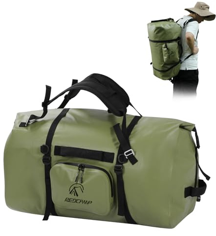 REDCAMP Große Wasserdichte Reisetasche, 80L, 500D PVC, Armeegrün | Rolltop Rucksack, Dry Bag mit Gurten, Sporttasche für Motorrad Bootfahren Angeln Kajak Camping Outdoor, langlebig, robust