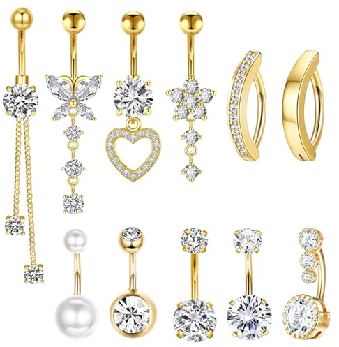 TYXHXTF 11Pcs Piercings Ombligo para Mujeres, Piercings para Ombligo, Anillos para el Ombligo, Piercing Ombligo Embarazada Colgantes para Piercing de Ombligo Corazón Mariposa Anillos para Ombligo,Oro