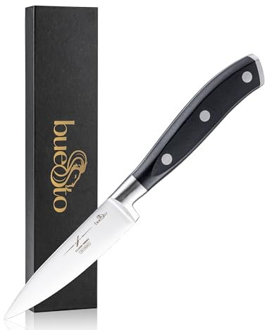 BUESTO Paring Knife Small 3.5 Inch – Ultra Sharp Japanese Fruit Knife, Small Kitchen Knife for Slicing Vegetables & Garnishes – High Carbon, Ergonomic Peeling Knife Gift Box for Home & Restaurant