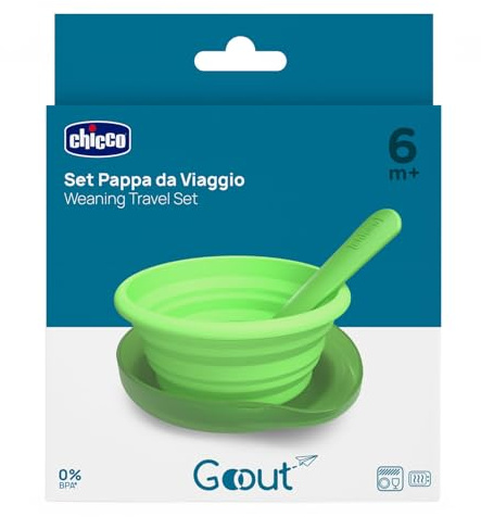Chicco Set Pappa da Viaggio, Piattino collassabile in Silicone 250 ml, Pratico Cucchiaio, Custodia Compatta, Ideale in Viaggio, Kit Pappa Portatile, Comodo e Facile da Trasportare, 6 mesi+, Verde