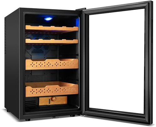 Tylza Electric Cigar Humidor Cabinet 70L, Electric Humidors for Cigars with Temp & Humidity Control, Digital Hygrometer, Lock, Refrigerator, Cigar Humidors with Cedar Wood Drawer Shelves, 550 Cigars