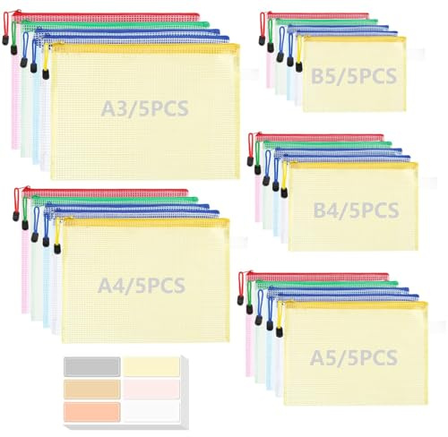 Smivyhp 25 Stück Dokumententasche Wasserdichte A3+A4+A5+B4+B5, Dokumentenmappe mit Reißverschluss, Dokumententaschen mit Labels, Beutel Organizer für Datei Prüfungspapier Quittungen Kosmetika