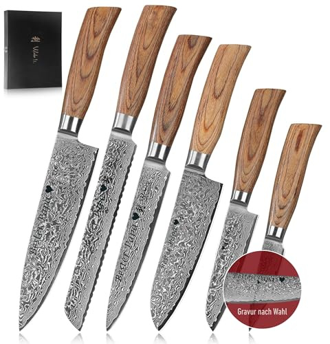 Wakoli EDIB Pro Damastmesser Set mit Gravur – Personalisiertes 6er Messerset, 20 cm, 17 cm, 16 cm, 11 cm & 8 cm Klingen aus 67 Lagen Damaststahl (VG10-Kern), Pakkaholzgriffe – in Geschenkbox