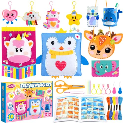 Funtopia Felt Sewing Crafts for Kids Ages 4-12, 10 Easy DIY Projects Kids Sewing Kit with Tutorial, Learn to Sew Plush Pillow Hanging Organizer Handbag, Beginner Sew Toys and Birthday Gift for Girls