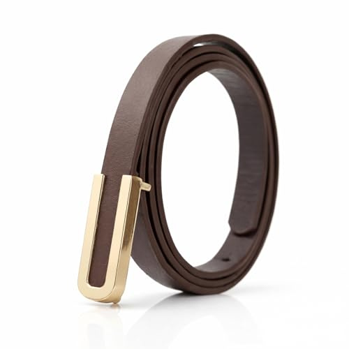 JILLICK Elegant Black Belt for Women Dresses Jeans Trousers - Thin Elastic Waist Strap Gold Buckle Ladies Fashion Accessories Slim Waistband Vintage Suede Stretch Elasticated (Dark Brown)