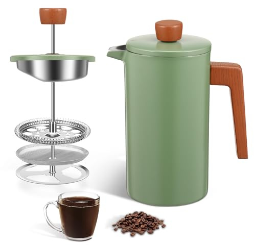 Jokapy Cafetera de prensa francesa de acero inoxidable de 960 ml con mango de madera para casa, oficina, camping