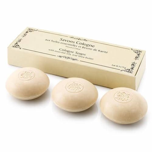 Eurotel: Estuche con 3 jabones de agua de colonia con aceites esenciales de muguete y manteca de karité, de 75 g cada uno, para rostro y cuerpo