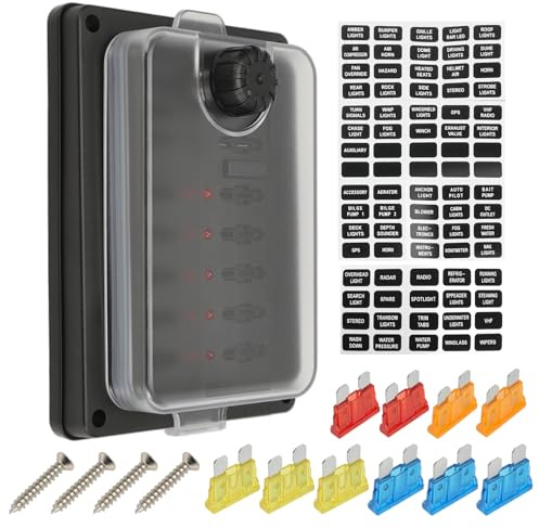 Taesayl 12V 10-fach Sicherungskasten wasserdicht, Sicherungshalter mit Minus-Sammelschiene und Anzeige, Flachsicherungs-Verteiler mit Abdeckung, für Auto, Boot, Van, SUV