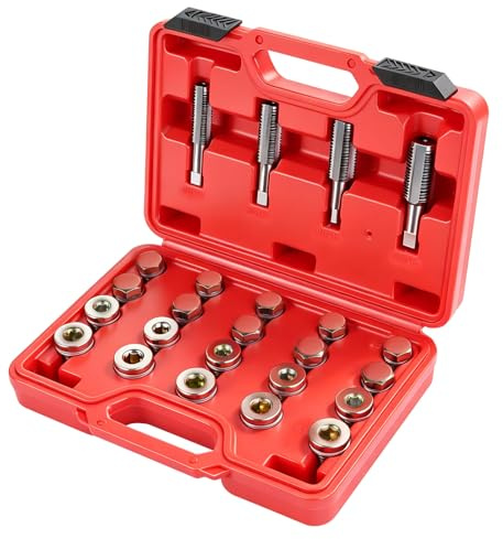 RUIZHI 64-TLG Ölwanne Gewindereparatur Set Ölablassschraube Reparatursatz | Gewinde Reparatur Set für Ölwanne Schraube M13 x 1,5 / M15 x 1,5 / M17 x 1,5 / M20 x 1,5, 4 Gewindebohrer, 20 Schrauben
