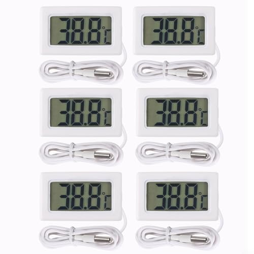 6 Pezzi Termometro Digitale LCD con Sonda Esterna 1M, Misuratore di Temperatura Impermeabile da -50 A 110°C, Resistente all'Umidità Per Acquario, Frigorifero, Vetrina, Bianco