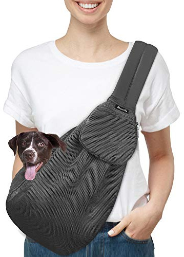 SlowTon Hundetragetasche, Haustier Hundetasche mit verstellbarem, gepolstertem Schultergurt und Fronttasche Tragetasche Hund für Spaziergang (Gittergewebe-Grau, M(Für Haustiere2,7-5,4 kg))
