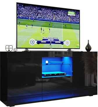 ELEGANT 1350mm Modern Tall TV Cabinet with RGB LED Lights for up to 55 TV | Black Gloss TV Unit with Ambient Light for Living Room Furniture, Power Adapter included