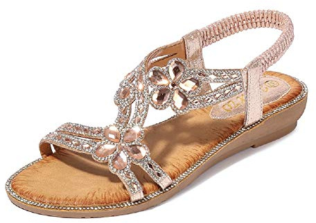Yicornchen Women's T-Strap Beaded Flower Rhinestone Flat Sandals Dress Beach Shoes(9.5 B(M) US,Pink Gold)