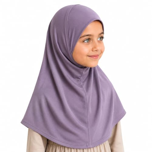 Yaqeen Girls instant headscarf hijab plain al Amira age 5-11, readymade pull on scarf, ideal for any occassion school/nursery (Plain Lilac)