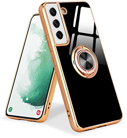 Urarssa Magnetic for Samsung Galaxy S21 Case with Holder Kickstand, Black | 360 Degree with Rotation Magnet Car Mount Holder Slim Soft Silicone TPU Bumper Electroplated Edge Shockproof Phone Cover