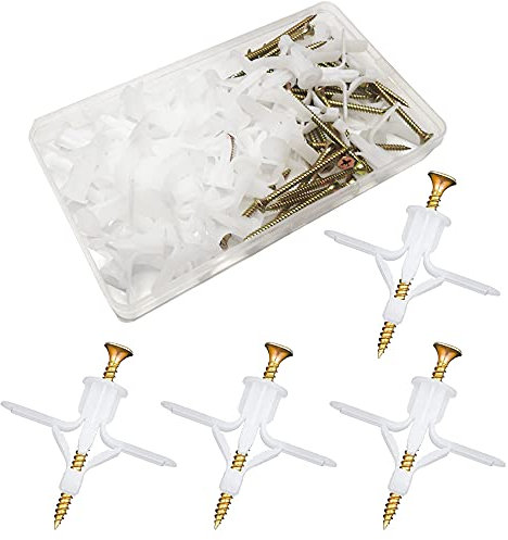 Plasterboard Wall Plugs & Screws, CTRICALVER Plasterboard Wall Plugs Expansion Tube Plastic Anchors, White Aircraft Type Type Hollow Drywall Cavity Raw Wall Fixings (50 Anchor + 50Screw)