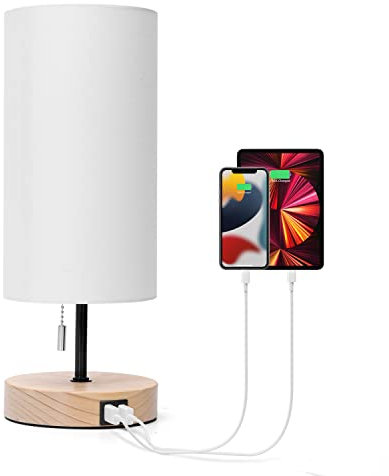 Aigostar Lampada da Comodino con 2 Porte di Ricarica USB, Lampada da Tavolo E27 con Interruttore a Tirare, Base in Legno, Lampada da Scrivania per Soggiorno, Camera da letto, Ufficio - Bianca