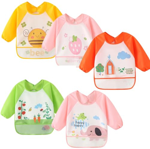 QinGuang 5 pcs Baby Waterproof Long Sleeved Bibs Catcher Pocket Smock Painting Playing Apron (Pink)