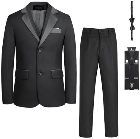 LOLANTA Boys Page Boy Suit Tuxedo - Formal Slim Fit Suit for Weddings, Christenings & Parties, 5 Piece Set Includes Blazer Waistcoat Trousers Bow Tie Braces(13-14 Years, Black,Tag 170)