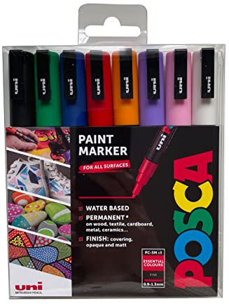POSCA PC-3M Fine Acrylic Paint Marker Pens, 8 Standard Colours, For All Surfaces (Pack of 8 Pens)