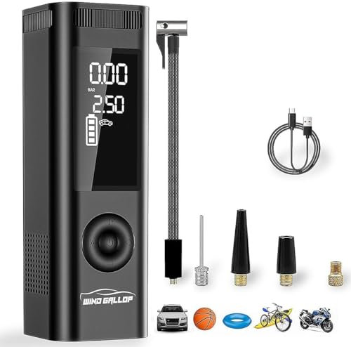 WindGallop Kabelloser Autoreifenfüller Luftkompressor Autoreifenpumpe Auto-Off Wiederaufladbarer Akku 6000 mAh Luftpumpe für Autoreifen Fahrrad Motorradbälle Reifendruckmesser LED-Licht (Schwarz)