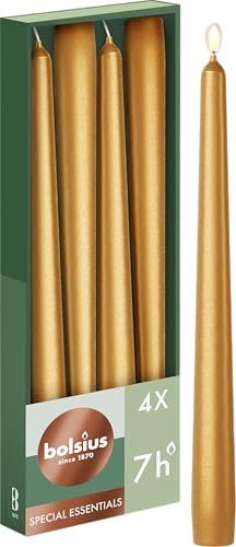 Bolsius - 4 bougies pointues lisses - Métallisé or- Bougies décoratives - Durée de combustion : 7 heures - Sans parfum - 50% Cire végétale naturelle - Sans huile de palme - 24.5 cm
