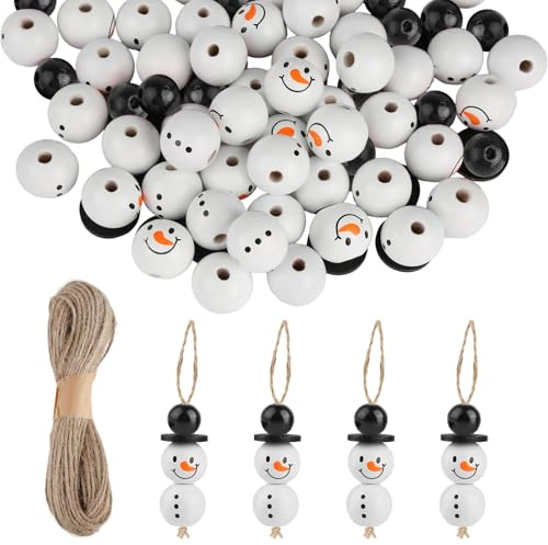 YONGQING 120 natürliche Holzperlen für 30 Sets Schneemänner, 20mm Schneemann-Gesicht Holzperlen-Set für DIY-Basteleien, Weihnachten, Halloween, Winter-Dekorationen (mit 10m Schnur)