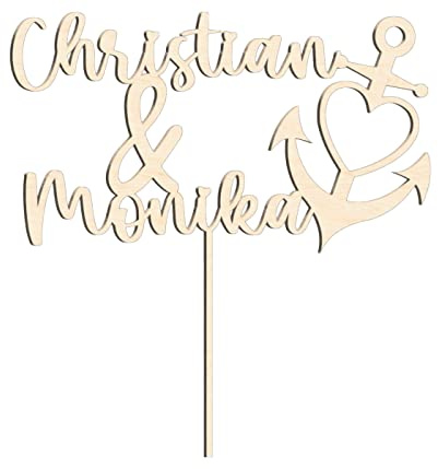 Alsino Persönlicher Cake Topper für alle Anlässe - Hochzeit, Geburtstag, Taufe, Geburt, Kommunion, Konfirmation - aus nachhaltigem Holz, (LA-28) Hochzeit Anker
