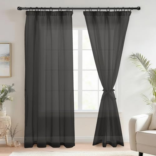 DWCN Voile Vorhänge mit Kräuselband Leinenoptik 2 Stücke Halbtransparent Vorhänge für Wohnzimmer,Durchsichtige Gardinen,Schwarz,245x140cm (Höhe x Breite)