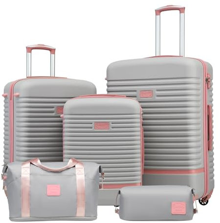 COOLIFE Koffer Set 5-TLG: S+M+L + Reisetasche | ABS Hartschale Leicht, 360° Räder & TSA-Schlösser Für Europa, Kreuzfahrt & Auslandsstudium – Familienurlaub Essentials Grau/Rosa