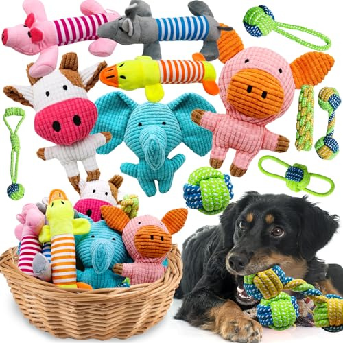Mruq pet 12 Pack Dog Squeaky Toys, Interactive Plush Chew Toys with Rope