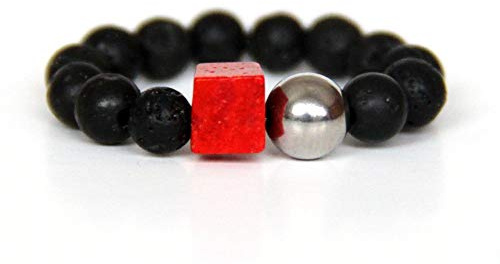 Generisch Lava-Kugelring (elastisch) in Schwarz mit orangerotem Korallen-Würfel und silbriger Edelstahlkugel moderner Lavaschmuck #012 Corella