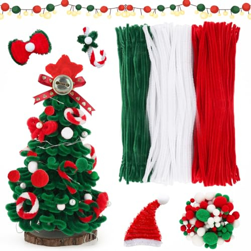 300 Stück Bunte Pfeifenreiniger, Weihnachts Pfeifenputzer zum Basteln Set mit Plüschkugeln, 30cm Lange Chenilledraht, Pipe Cleaner für Weihnachten, Basteln, Dekorationen (Rot, Grün, Weiß)