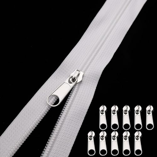 Endlos Reissverschluss mit Zipper 5 Meter Endlosreißverschluss mit Zipper Reißverschluss Meterware mit 10 Metall Schieber Nylon Reißverschluss Endlos Weiß für Kissen Kleidung Bettwäsche (Weiß)