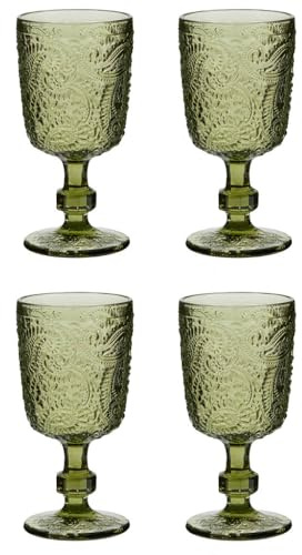 Wine Glasses Set of 4 Multicolour Drinking Glasses with Vintage Style Paisley Embossed Finish 300ml Dishwasher Safe Alfresco Dining Table Glassware (Green)