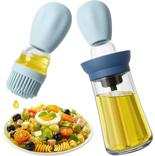 LPEPLL Ölspender mit Bürste, 2-in-1 Glasölflasche mit Silikonbürste, Ölspender für Kochen, Braten & Grillen, Ideal für Essizg, Saucen und Marinaden (Blau)