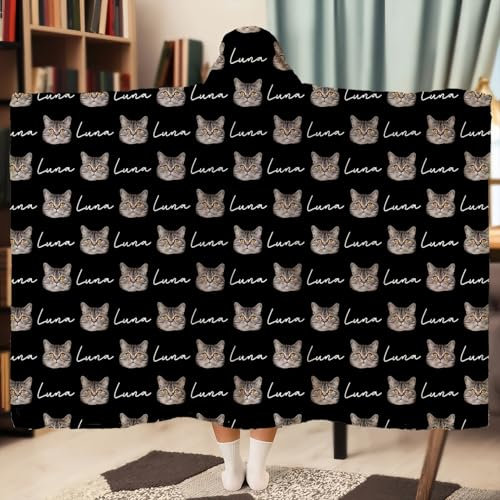 Drawelry Personalisierte Decke mit Kapuzen Namen Foto Druck Warme Tragbare Flauschige Fleecedecke Flanell Hoodie Decken Weihnachten, Jahrestag, Geburtstag Geschenke für Familie Freunde (A8)