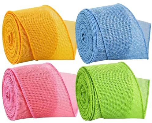 4 Rollen Osterleinenband Set, Grün/Pink/Blau/Gelb Osterbänder Ostern Schleifenband Multifunktionales Frühlings Geschenkband Für Blumensträuße, Vasen, Körbe, Paket