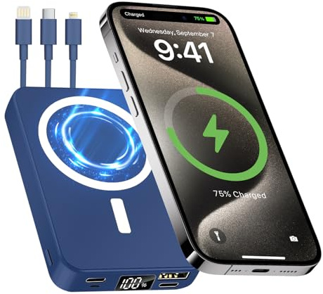 Batterie Externe 10000mAh avec 3 Câbles, sans Fil Power Bank Charge Rapide PD 20W, USB C Chargeur Portable avec Affichage LCD,Compatible pour iPhone 16 15 14 Pro Max Samsung (Bleu)