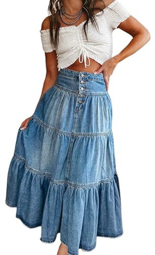 Acrawnni Women's Denim Midi Skirt Wash Tiered Ruffled Hem High Waist A-Line Jeans Maxi Skirt Ladies Long Flare Jeans Dress