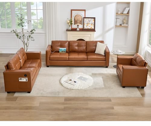 TYBOATLE Brown Leather Sofa Couch Sectional Couches for Living Room, Comfy Sofas with USB USB & Type C Charger, Home Office 3 Piece Living Room Sofa Set for RV Apartment Bedroom