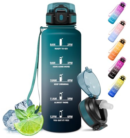 Motswedi Trinkflasche Sport, 1.5 Litro BPA-Frei, Trinkflasche mit Strohhalm, mit Zeitmarkierung, Trinkflaschen, Auslaufsicher, Wasserflasche für Sport, Outdoor, Yoga, Fitness, Dunkelgrün & Grau