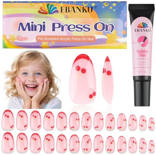 EBANKU 1 Pack Kid Falsche Nägel, 26 Stück Presse auf Nägel für Kinder Birnen Presse auf Nagel kurze künstliche falsche Kits für Kinder Mädchen
