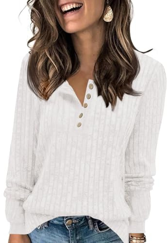Fisoew Camiseta de manga larga para mujer, cuello redondo, botón ligero, jersey de punto de manga larga, jersey básico de otoño, Blanco, XXL