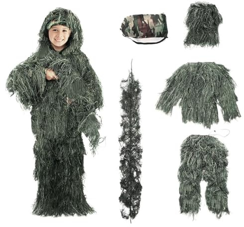 Juego de camuflaje 3D con hojas para niños - Disfraz de 5 piezas para aventuras al aire libre y exploración de la naturaleza (Style14, Children 110-140 cm)